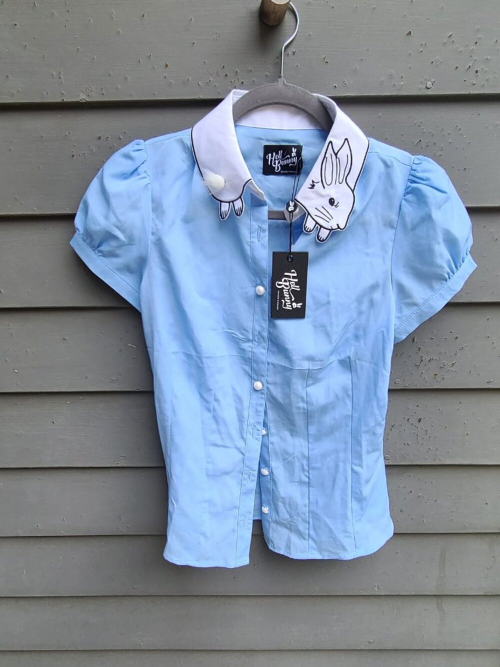 Hell Bunny Blue Rabbit Blouse NWT made in England size XS